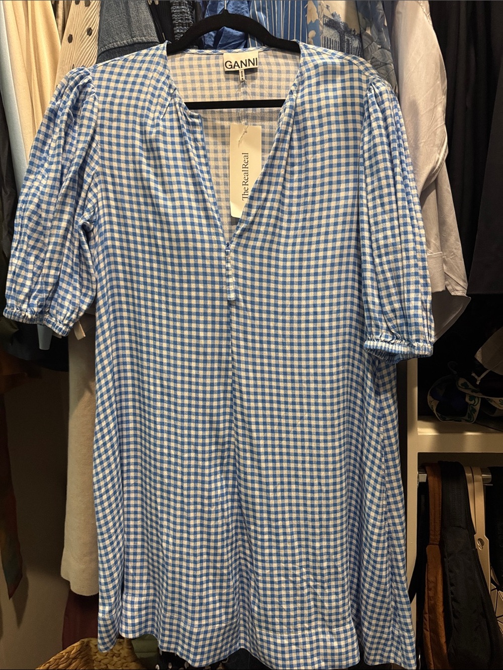 Ganni 36 Blue and White Gingham Midi Dress